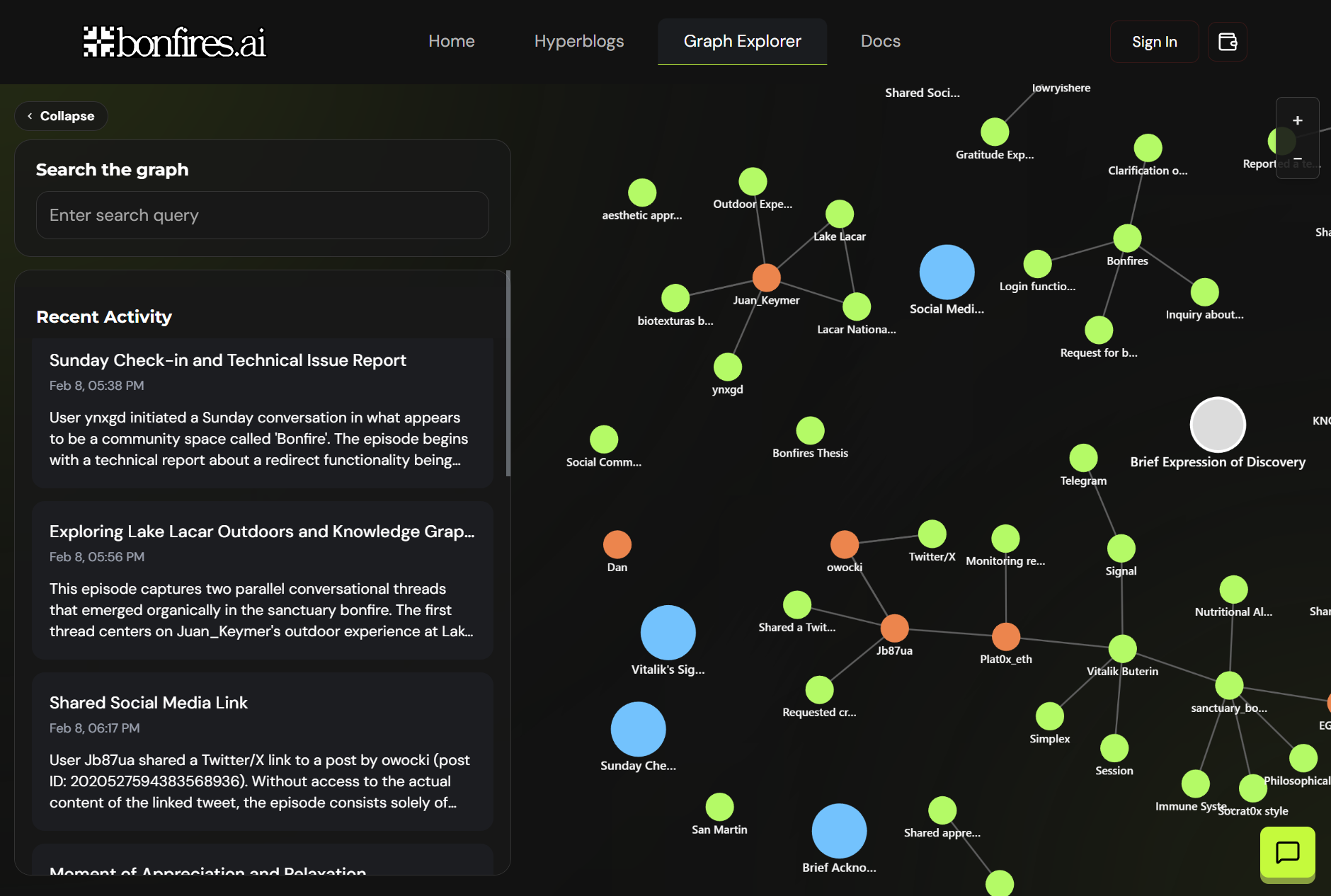 Graph explorer. A search box and recent activity summaries on the left, a clustered knowledge graph of people, topics and episodes on the right.