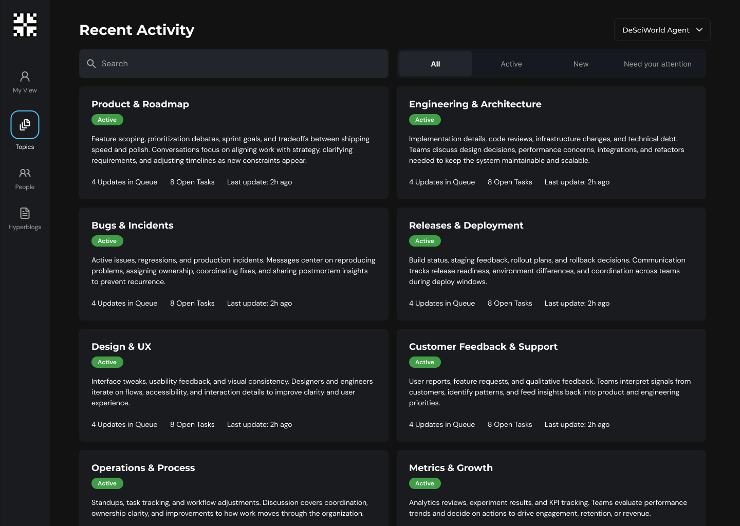 Recent activity grouped by topic, such as product and roadmap, bugs and incidents, design and UX, each with a two-line summary and open task counts.
