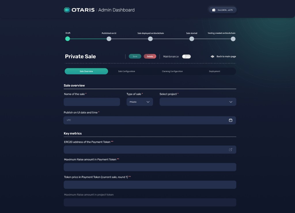 Admin dashboard for a private sale. A status track from draft to vesting created on chain, then tabs for sale overview, configuration, claiming and deployment, with the sale form.