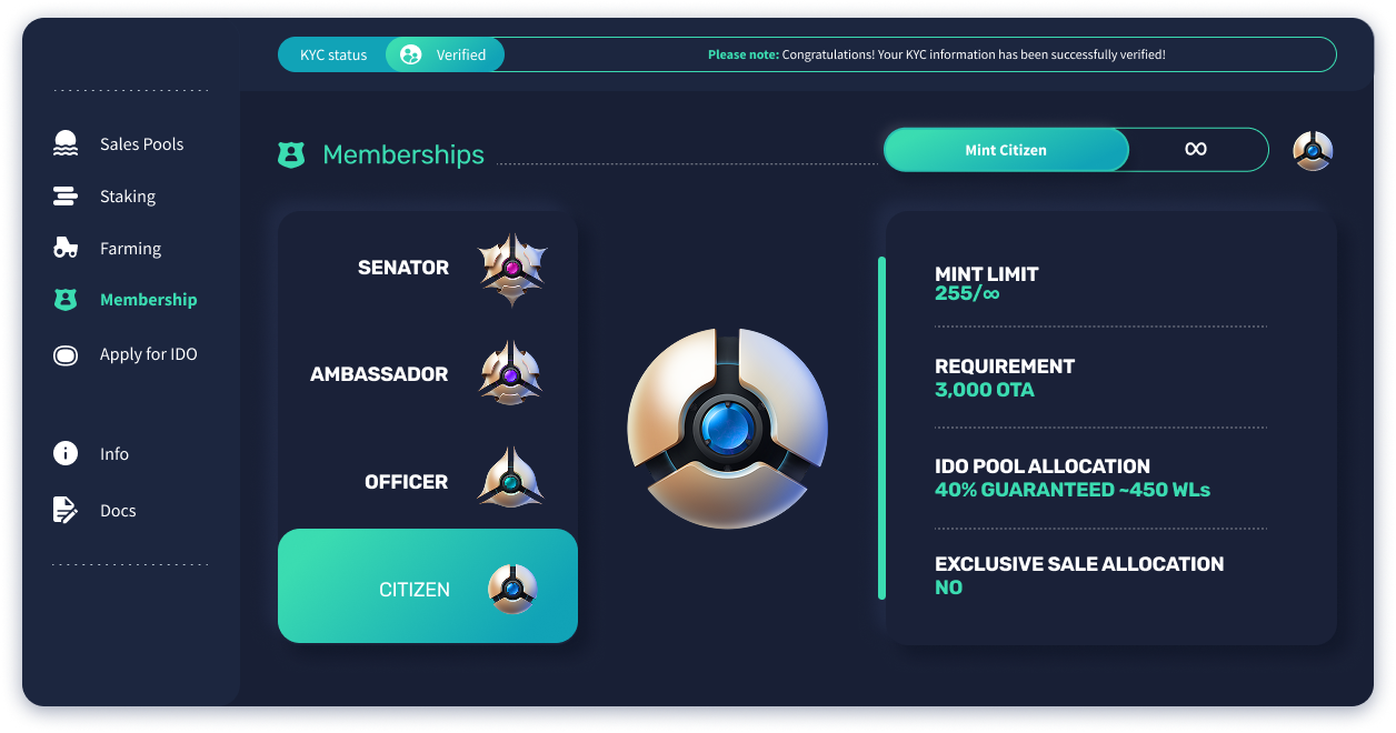 Memberships panel. The Citizen tier selected, showing an unlimited mint limit, a 3,000 OTA requirement and a 40% guaranteed IDO pool allocation.